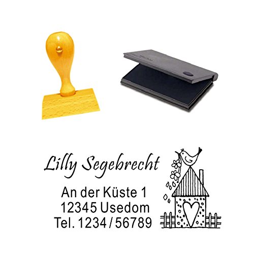 Holzstempel mit Adresse « VOGELHAUS » inkl. Stempelkissen - Abdruckgröße ca.: 5x3 cm