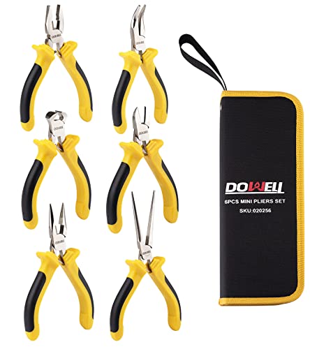 DOWELL 6-teiliges Mini-Zangen-Set, Nadelspitze, diagonale lange Nase, gebogene Nase, Endschneiden und Linesman für die Herstellung von Handwerk, Reparatur elektronischer Geräte mit Tasche