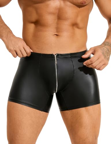 ohmydear Sexy Unterwäsche für Mann Herren Reizwäsche PU Leder Boxershorts mit Reißverschluss Erotisch Männer Dessous Wetlook Unterhosen Clubwear Gay Sissy Höschen Schwarz