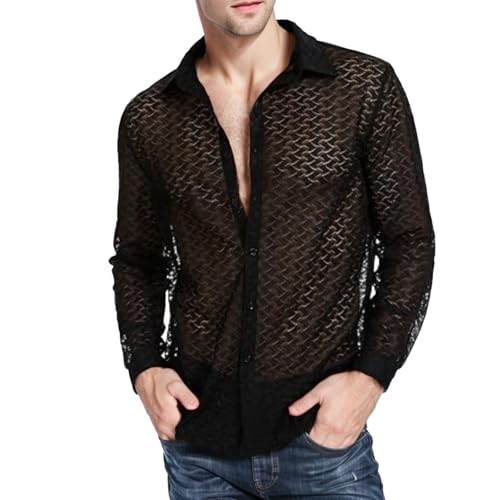 Faonkeew Netz Shirt Herren Transparent Netzhemd Sexy Netzshirt Reizvoll Unterwäsche Mesh Tops Schwarz Durchsichtiges Oberteil Spitzenhemd Sommer Lässig Lace Shirt Outfit