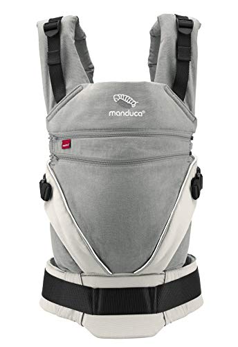 manduca Babytrage XT – All-In-One Babytrage für Neugeborene ab 3,5 kg und Kleinkinder bis 20 kg – ergonomische Kindertrage mit verstellbarem Steg – Einheitsgröße, grey-white