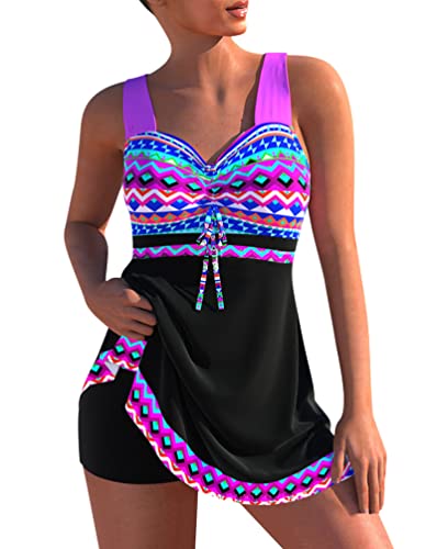 Minetom Damen Bauchweg Bademode Tankini Set Zweiteilig Push Up Badeanzug Strand Schwimmanzug Swimwear Bikini Badekleid mit Shorts E Schwarz L