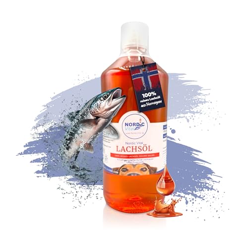 NordicVital Premium Lachsöl Hunde & Katzen 1000ml – 100% Natürliches Fischöl/Fish Oil aus Norwegen Lachs – Reich an Omega 3 & 6 Fettsäuren hochdosiert – Barf Öl abgefüllt in Deutschland