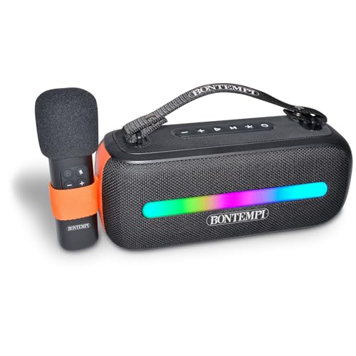 Bontempi | SonicSync - Drahtloser Verstärker Karaoke mit dynamischem Mikrofon, Lichteffekten, TWS und Echoeffekt, 28,9x18,2x12,9 cm, Schwarz