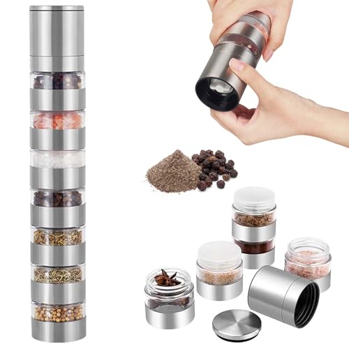 Reise Gewürz Set, 7 in 1 Mini Gewürzgläser Set Gewürzdosen mit Mühle und Deckel Gewürzmühle Camping Outdoor Mini Gewürz Set Edelstahl Tragbare Gewürzstreuer für Picknick BBQ Reise Spice Jars
