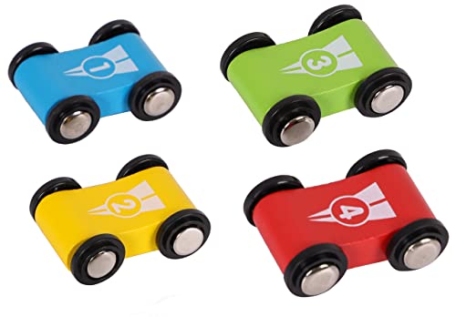 TOWO Holzauto-Rampen-Rennbahn-Spielzeug - Kleinkinder-Spielset - Ersatzautos 4er Pack - passendes klick-Klack-Schienenfahrzeug-Set für Kleinkinder - Rennwagen erste Sportwagen für EIN Jahr 18 Monate