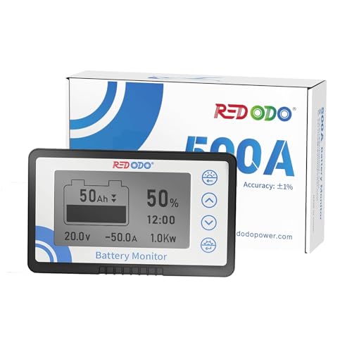 Redodo 500A Batteriemonitor mit Shunt, Batteriemessgerät Spannungsbereich 8V~120V, 20ft abgeschirmtes Kabel, Kompatibel mit Gel-, Blei-Säure-, LiFePO4-Batterien