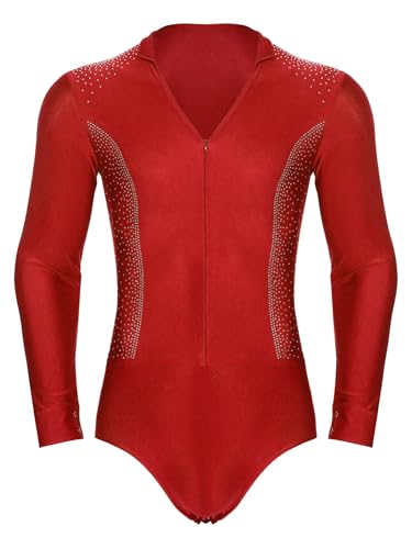 iEFiEL Herren Body Glitzer Tanzbody Latein Hemdbody Tango Rumba Shirt Bodysuit mit Druckknöpfen im Schritt Turnier Trikot Gymnastikanzug Rot 3XL