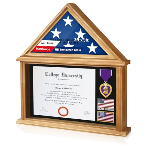 DecoWoodo Flaggen-Zertifikats-Vitrine, Box passend für eine gefaltete 90 x 150 cm Flagge, Veteranenflagge, Vitrine für Amerika-Flagge, Flaggen-Schattenbox, Filzfutter für Abzeichen, Medaillen,