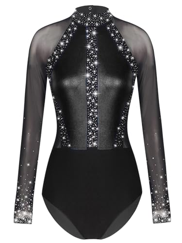 iEFiEL Turnanzug für Damen Langarm Gymnastikbody mit Strass Patchwork Metallic Tanzbody Ballett Trikotanzug Wettbewerb Leotards Schwarz M