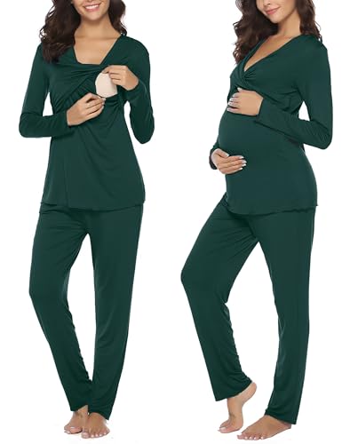 Irdcomps Stillpyjama Damen Baumwolle Still Schlafanzug Lang Langarm Pyjama Schwangerschaft Umstandspyjama Stillfunktion Nachtwäsche Grün M