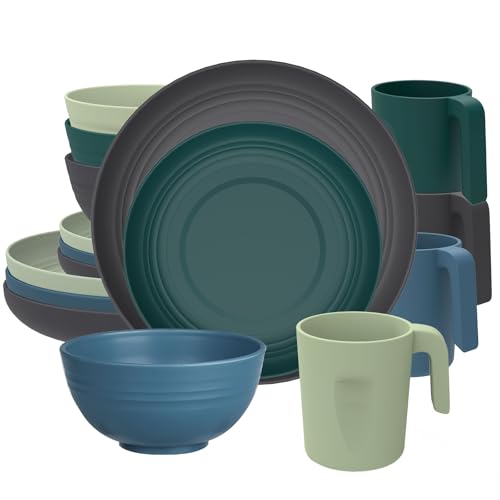 Purilit design Geschirrset 4 Personen 16-tlg - Hochwertiges Kunststoff Geschirr Set - Schüssel- und Teller und Tasse Set - Tafelservice 4 Personen - Service & Geschirrsets