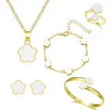 FDEETY Schmuck Set Glückliches Fünfblättriges Kleeblatt Legierung Schmuckset 5 Pcs Ring Ohrringe Armbänder Halskette ideal für Geschenke Besondere Anlässe und Frauen（Weiß）