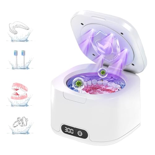 auvstar Ultraschallreinigungsgerät Ultraschallreiniger 49000Hz,340ml mit 4-stufigem Timer & UV-Zahnschiene Reinigung für Zahnersatz,Zahnbürsten,Zahnschienen,kieferorthopädische Geräte,Schmuck (Weiß)