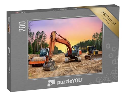 puzzleYOU: Puzzle 200 Teile „Bulldozer, Bagger und Bodenverdichter bei Straßenbauarbeiten“ – aus der Puzzle-Kollektion Bagger