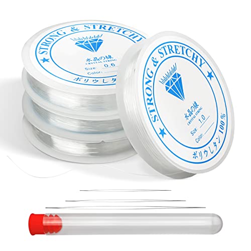 Suofuolef 4 Spule Gummiband für Armbänder, 0.4mm 0.6mm 0.8mm 1.0mm Transparent Elastische Schmuckfaden mit Perlennadel für Schmuckherstellung, Halskette, DIY Basteln