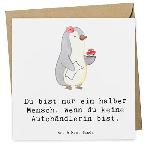 Mr. & Mrs. Panda Deluxe Karte Autohändlerin Herz - Geschenk, Kollege, Hochwertige Klappkarte, Einladungskarte, Rente, Gebrauchtwagenhändlerin,