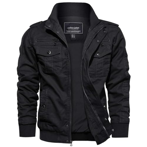 EKLENTSON Herren Übergangsjacke Frühling Cargo Jacke Arbeitsjacke mit Vielen Taschen (XXL, Schwarz)