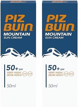 Piz Buin Mountain Sun Cream, Sonnencreme, Sonnenschutz Wintersport, Hoher Schutz vor Sonnenbrand, Kälte und Wind, LSF 50+, 50 ml (Packung mit 2)