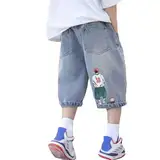 Generisch Kinder Shorts,Weites Bein Jeanshosen mit Elastischem Bund Denimhose Baggy Pants Jeans Jungen 164 Loose Fit Kurze Hosen Streetwear