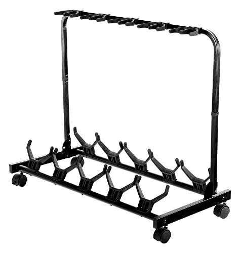 Rocktile Multistand 5-Fach Gitarrenständer - Mehrfach Gitarrenhalter für Klassik Gitarre, Akustik Gitarre, E-Gitarre, E-Bass - Gitarrenstativ klappbar mit Rollen - Saiteninstrumente Multi Stativ