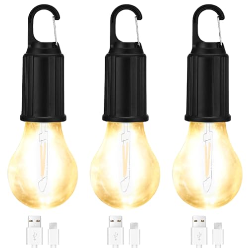 GAOUTO 3 Stück Campinglampe, Aufladbar LED Tragbare Camping Licht, Helligkeit Einstellbar 3 Lichtmodi Zeltlampe Glühbirne, Wasserdicht Camping Lights für Camping, Stromausfall, Notfall