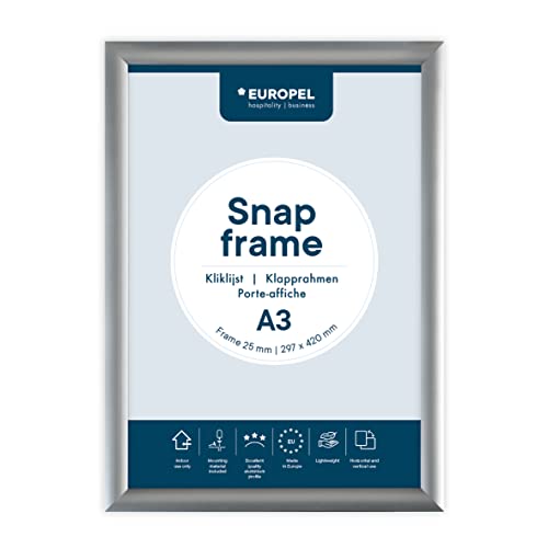 EUROPEL Klapprahmen A3 mit 25 mm Aluminium-Profil - aufklappbarer Plakatrahmen mit Gehrungsecke - Schnapprahmen für u.a. Poster, Zertifikate, Fotos & Werbemittel - Silber
