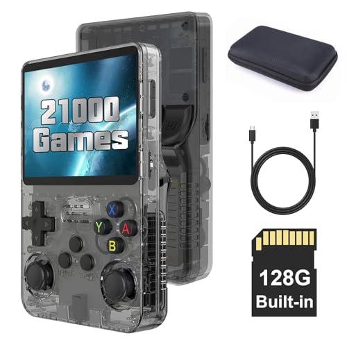 R36S Handheld-Spielekonsole, mit Open-Source-Linux-System, 128GB TF-Karte 20000 Retro-Spiele, 3,5-Zoll-IPS-Bildschirm, Retro-Spielekonsole, Handheld Konsole, 3500-mAh-Akku, mit Aufbewahrungstasche