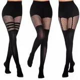 3 Stück Damen Halterlose Strümpfe, Damen Netzstrumpfhosen mit Hoher Taille Gemusterte Blickdichte Fischnetz Strumpfhosen, Schwarz Blickdichte Overknee Strümpfe Fischnetz Strumpfhose