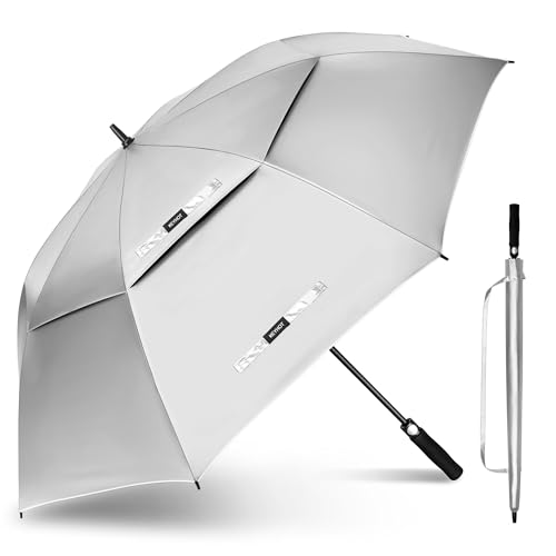 KEYHOT Golf Regenschirm groß, Golfschirm XXL UV Schutz UPF 50, Doppelte Kappe belüftet große Regenschirme winddicht, SPF Auto Open Übergröße für Männer Frauen (Silber/Schwarz)