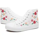 TUOPIN Damen High Top Canvas Sneakers - Weiß und Schwarz Mode Stickerei Casual Walking Schuhe für Frauen Bequeme Atmungsaktive Schnürschuhe Tennisschuhe, Weiss/opulenter Garten, 39 EU
