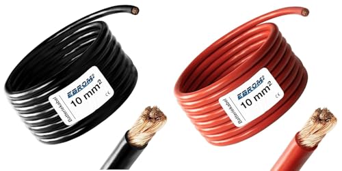 EBROM - 3 Meter Batteriekabel - rot und schwarz - Pluskabel und Massekabel - 10mm2 | 10 mm² | 10 mm2 - Vollkupfer 99,9% OFC Kupfer Stromkabel - Ihre Länge: je 3 Meter