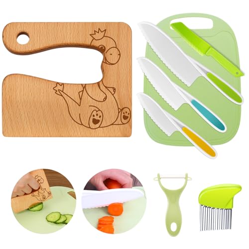Kindermesser 8-teiliges Kinder-Küchenmesser-Set zum Schneiden und Kochen von Obst oder Gemüse für Kleinkinder, inklusive Holzmesser Schneidebrett Schäler(Dinosaurier)