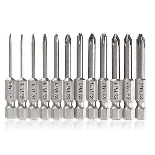 Fixinus 12 Stücke Kreuzschlitz-Schraubendreher-Bits, 1/4 Zoll magnetisches Sechskantschaft-Kreuzkopf-Schraubendreher-Bit-Set, PH00 PH0 PH1 PH2 Bohrwerkzeug-Zubehör, 50mm Länge