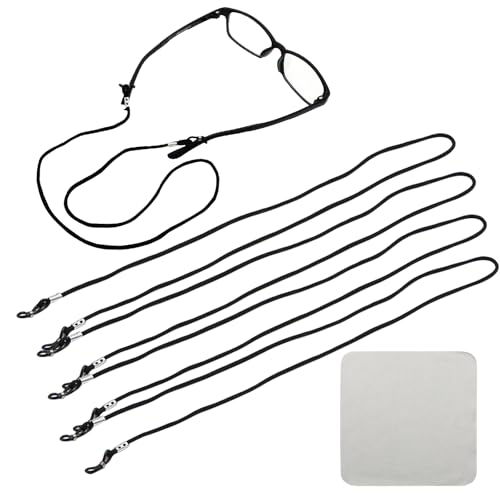 HSLPSM 4 Stück Brillenband, Brillenbänder Schwarz, Universal Brillenkette, Verstellbar Sonnenbrillen Kette Brillenschnur für Sonnenbrillen und Lesebrillen（Mit 1 Mikrofaser-Reinigungstuch）