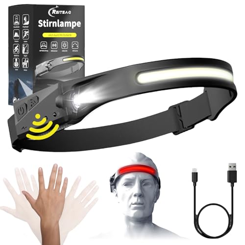 Reiteag Stirnlampe Led Wiederaufladbar, 230°Wide Stirnlampe Rotlicht, Kopflampe Stirnlampe, Sensor Headlamp, Wasserdichte Mit Stirnlampe Joggen, Stirnlampe Led Wiederaufladbar Wandern