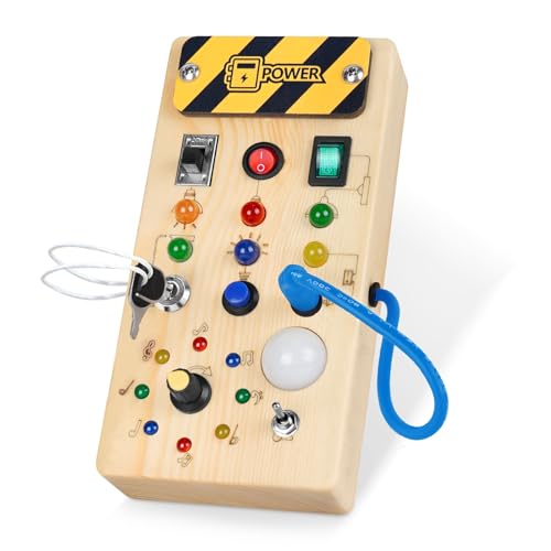 Konijiwa Montessori Busy Board 1 Jahr alt Kinder Activity Board Holzspielzeug mit 8 LED-Lichtschalter Spielzeug Sensory Learning Toys Geeignet für 1 2 3 4 Jahre alte Babys