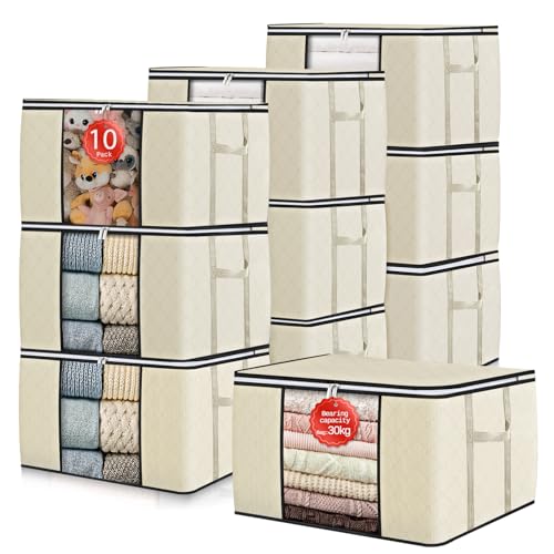 GoMaihe 90L Aufbewahrungstasche 10 Stück, Aufbewahrungsbox mit Deckel Groß Verstärkte Griffe, Kleidung Umzugskartons für Bettdecken, Unterbett Aufbewahrung Kleiderschrank Boxen Organizer Beige