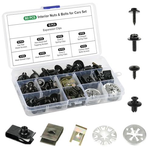 Realure 80 Stück Blechmutter Schraube Mutter Clip Kit, mit Klemmscheiben Hitzeschutzblech, Karosserieschrauben & U Type Karosserie Clips, Auto Befestigungsbox Set für Befestigen & Reparieren Autoteil
