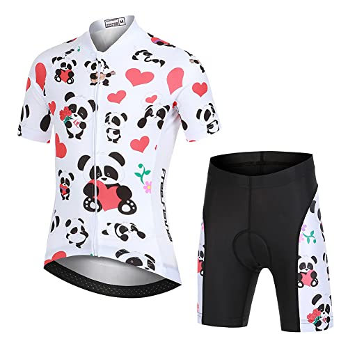 LCIGIA Kinder Jungen Fahrrad Trikot Set Mädchen Radtrikot Atmungsaktiv Fahrradtrikot Kurzarmtrikot + Kurz Radhose mit 3D Sitzpolster Radanzug, Panda+Herz, 134-140