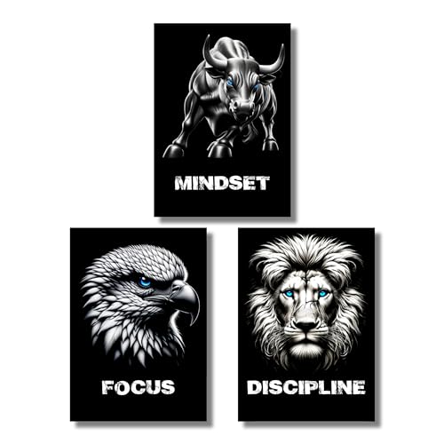 CLEAN SPORTS® Motivationsposter - 3er Set Bilder Motivation für Business und Bodybilder im Din A2 Format - Bulle Adler Löwe Trading Mindset - ohne Rahmen (3er Set)