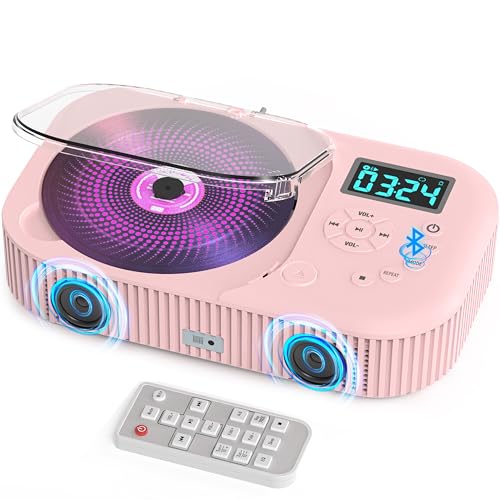 Greadio Tragbarer CD Player mit Bluetooth 5.3, Wiederaufladbarer Boombox CD Spieler mit UKW Radio, Discman CD-Player für Zuhause Auto mit Dual Lautsprecher/LCD Display/Fernbedienung/AUX/USB (Rosa)