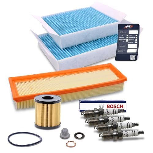 BESTPRICE Inspektionspaket Filterset mit 1x Luftfilter, 2x Innenraumfilter, 4x Zündkerze FR7DC+, 1x Ölablassschraube mit Dichtung Kompatibel mit CITROËN C3 II (SC_), PEUGEOT 207 (WA_, WC_)(WK_)