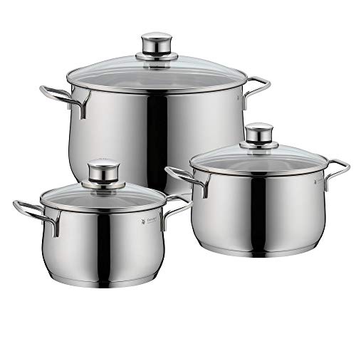 WMF Diadem Plus Topfset Induktion 3-teilig, Kochtopf Set mit Glasdeckel, Cromargan Edelstahl poliert, Induktions Töpfe Set unbeschichtet