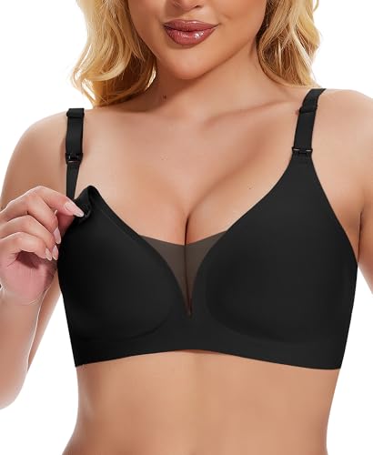Jiuday Still BH ohne Bügel Große Brüste Damen Schwangerschafts- & Still-BHS Bequemer Gepolstert Spitze Seamless Nursing Bra Nahtloser Push Up Stillbh (Schwarz,M)