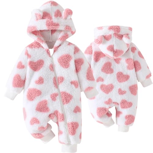 Yaopelky neugeborenes Baby Kleidung niedlichen Bären Schneeanzug Kleinkind Fleece mit Kapuze Strampler Kleinkind ein Stück Overall Bodysuits für Baby Mädchen (Rosa, 0-3 Monate)