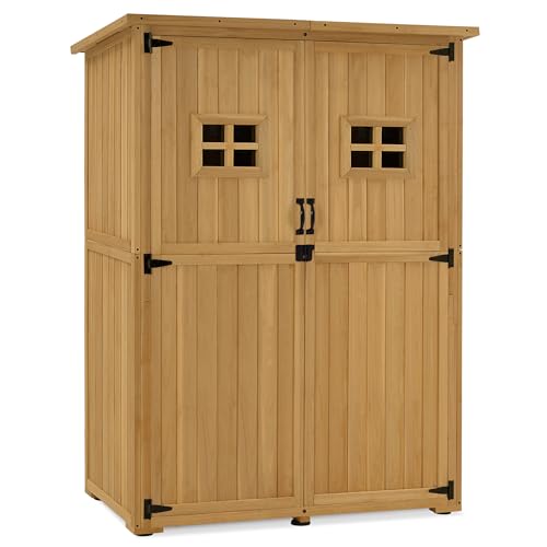 M MCombo Gartenschrank Holz, Gartenhaus Klein Wetterfest, Outdoor Gerätehaus Geräteschuppen, für Außenbereich Balkon Terrasse, 59×127×168 cm, 0912D (Natur)