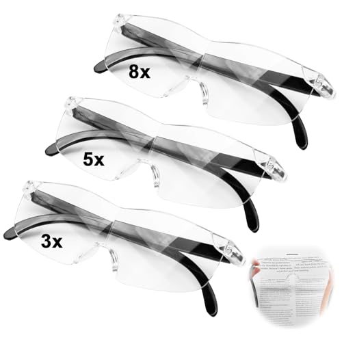 Joynine 3Stück 300%，500%, 800% Vergrößerungsbrille Lupenbrille für Brillenträger Leselupe Senioren Lesehilfe Anti-Blaulicht Licht Leselupen für Naharbeit Lesen Nähen Kreuzstich Modellbau