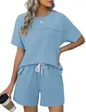 IECCP Zweiteiler Damen Sommer Trainingsanzug Jogginganzug Set Loungewear Outfit Kurzarm T-Shirt Hausanzug Tracksuit Set Hellblau M