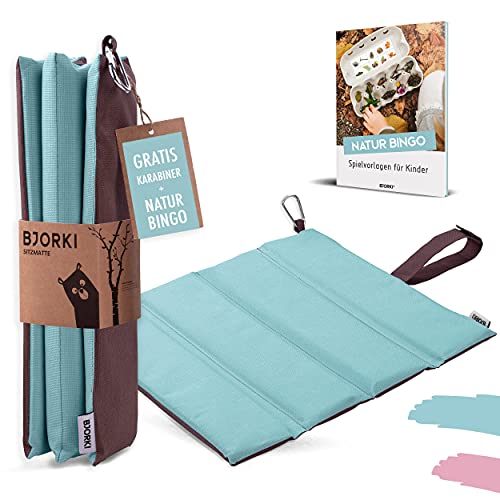 BJORKI® Sitzkissen Kinder - Faltbares Outdoor Sitzkissen mit optimalem Kälte- und Nässeschutz - Robuste Outdoor Sitzunterlage - Die Thermo Sitzmatte fürs Wandern, Stadion und unterwegs